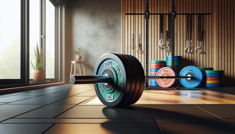Barre olympique 20kg et haltères colorés dans une salle de sport moderne, idéale pour votre home gym.