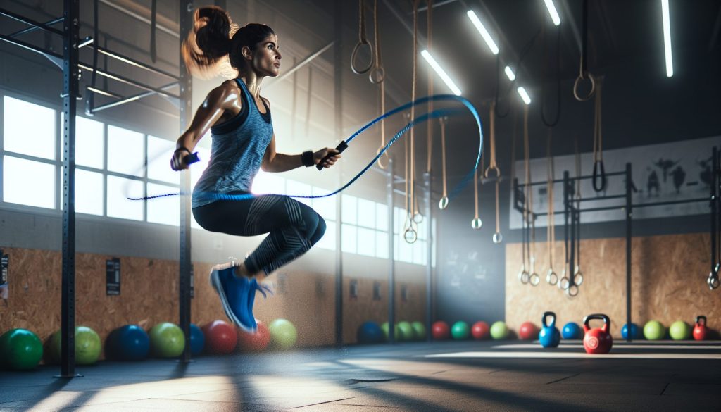 Femme dynamique en plein saut à la corde, entraînement intense en salle de sport.