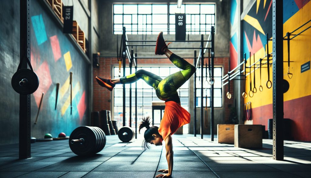 Femme en équilibre sur les mains, jambes écartées, dans une salle de sport colorée, avec haltères et anneaux.