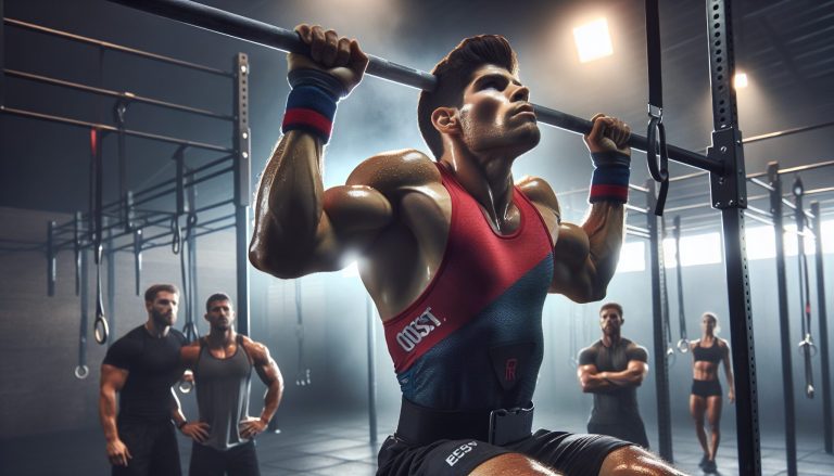 Athlète musclé en kipping pull-up à la barre, entouré d'autres sportifs dans une salle de gym moderne.