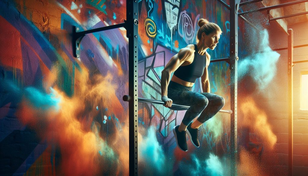 Athlète en plein muscle-up sur barre fixe, devant un mur de graffiti coloré, symbole de la puissance et de l'énergie du CrossFit.