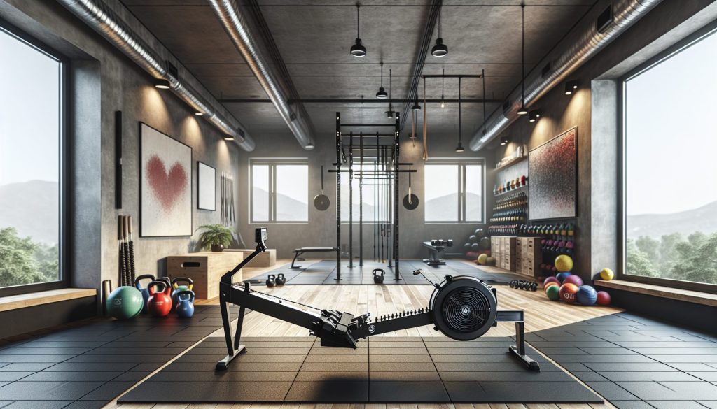 Salle de sport moderne avec rameur Concept2, équipements CrossFit et vue panoramique.